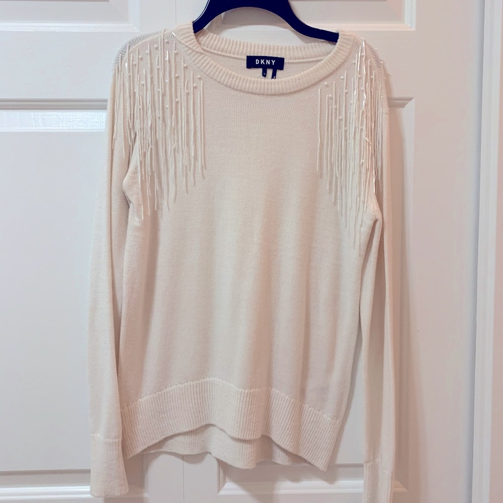 NEW DKNY CrewNeck with Beaded Fringe Sweater ivory